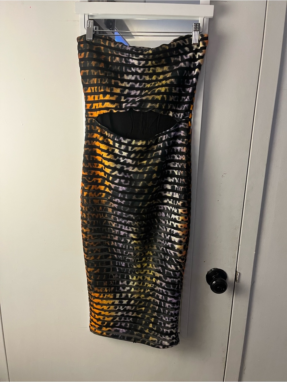 Cat print- Striped Cutout Bodycon Dress in Black and Orange